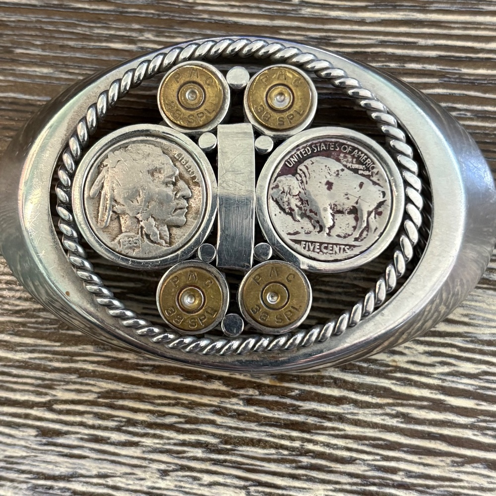 Vintage custom belt buckle featuring Buffalo nickels and brass bullet casings - Picture 7 of 16